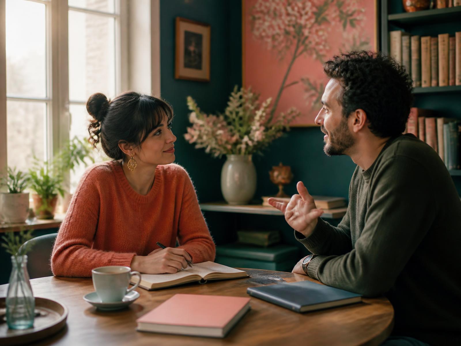 A language teacher and an adult learner talking together at a table